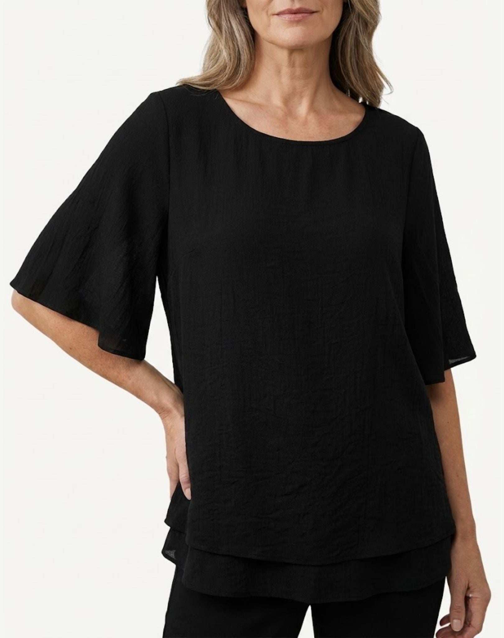 Black Crepe Georgette Flowy Sleeve Blouse Corfu Jeans