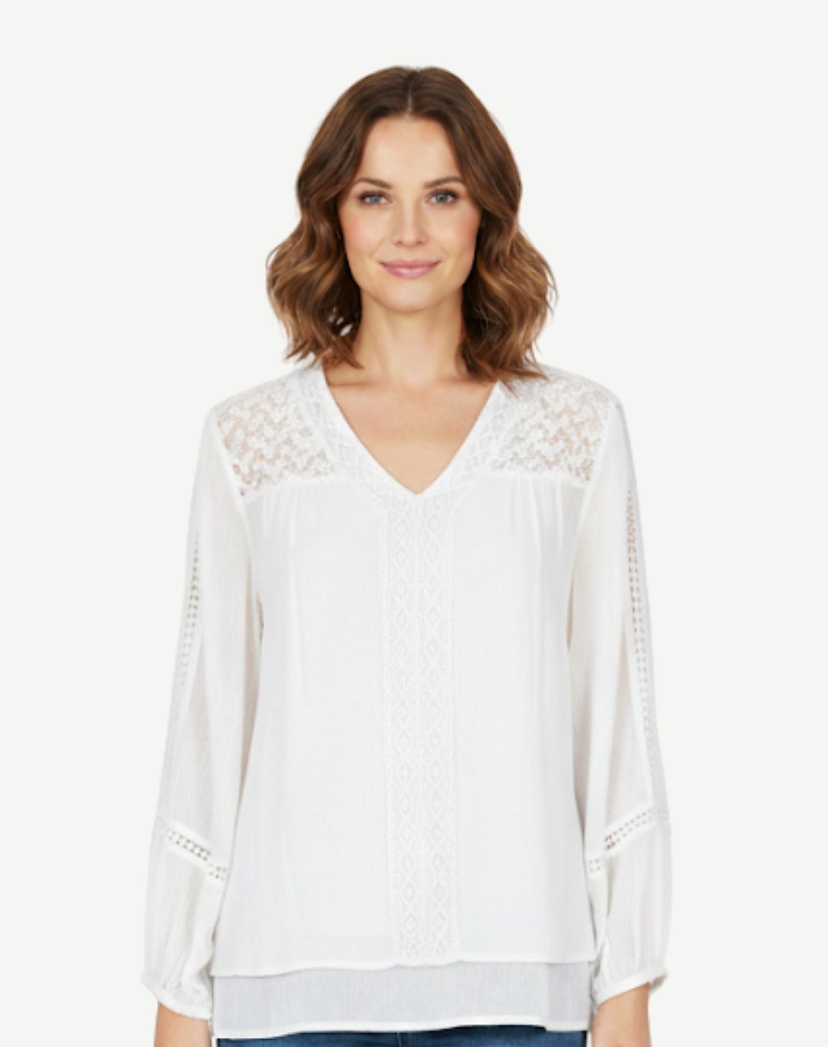 White Crepe Georgette Long Sleeve Blouse Corfu Jeans