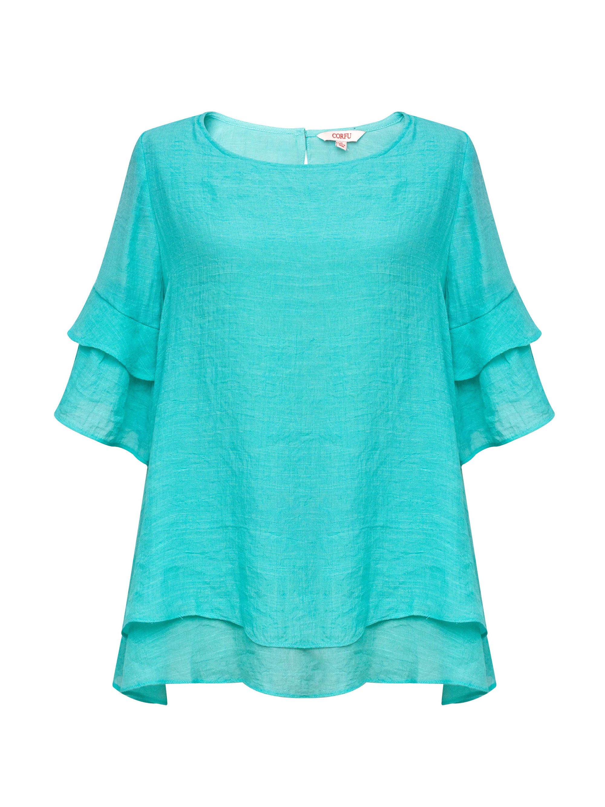 Creme Di Mint Layered Ruffle Sleeve Blouse Corfu Jeans