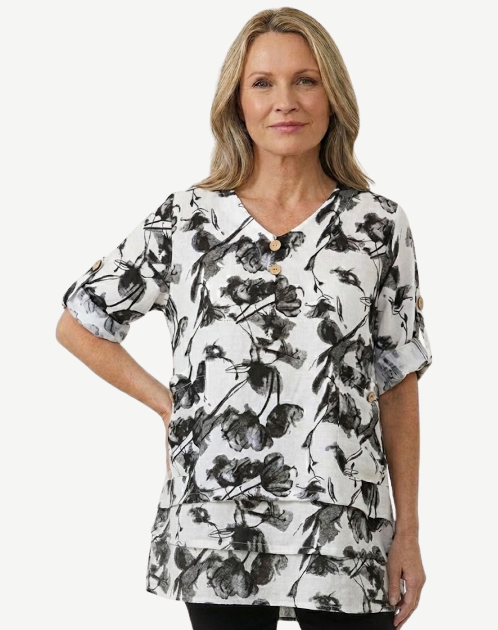 White Black Floral Printed Layered Top Corfu Jeans