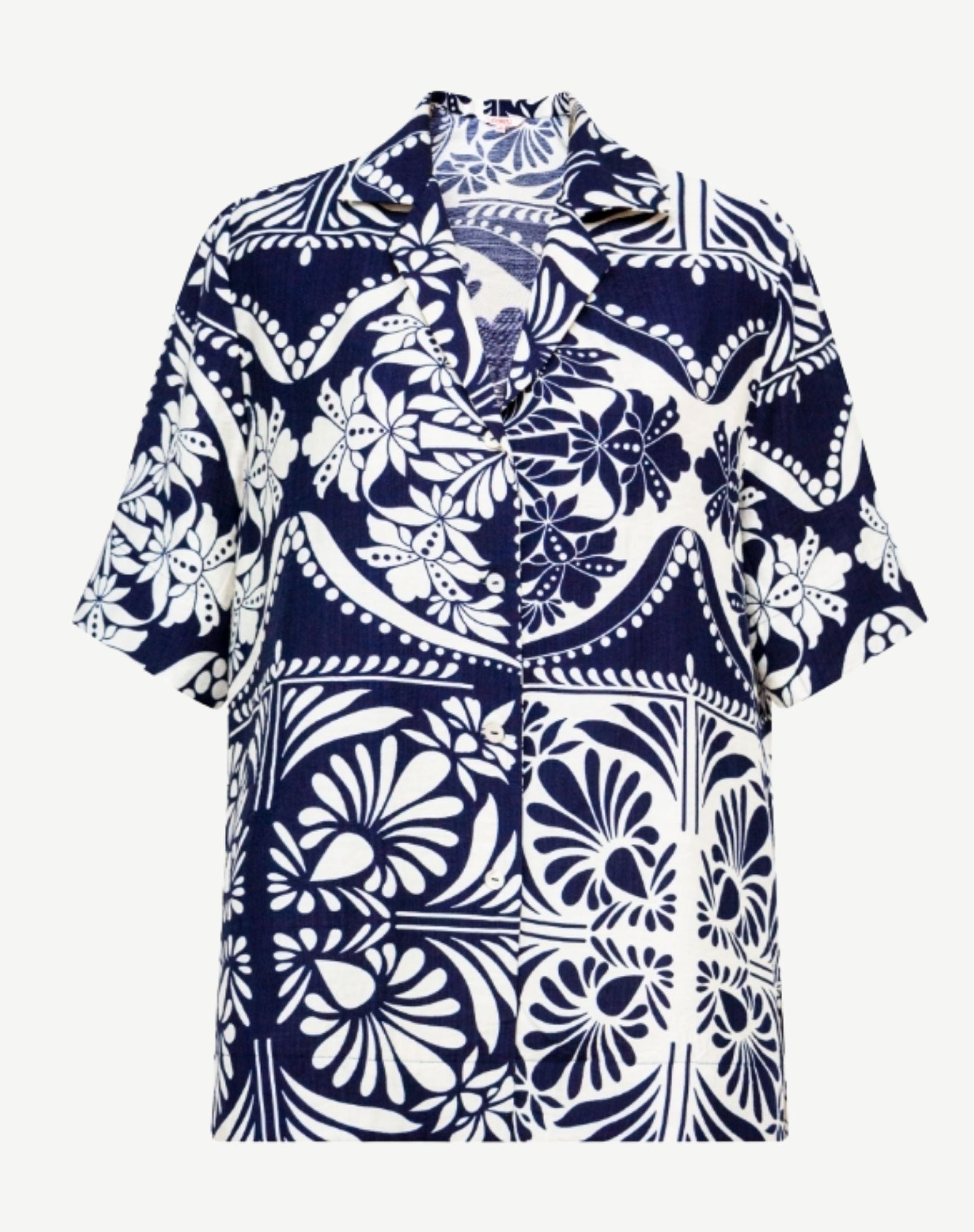 Navy Cream Soft Crepe Print Short Sleeve Button Shirt Corfu Jeans