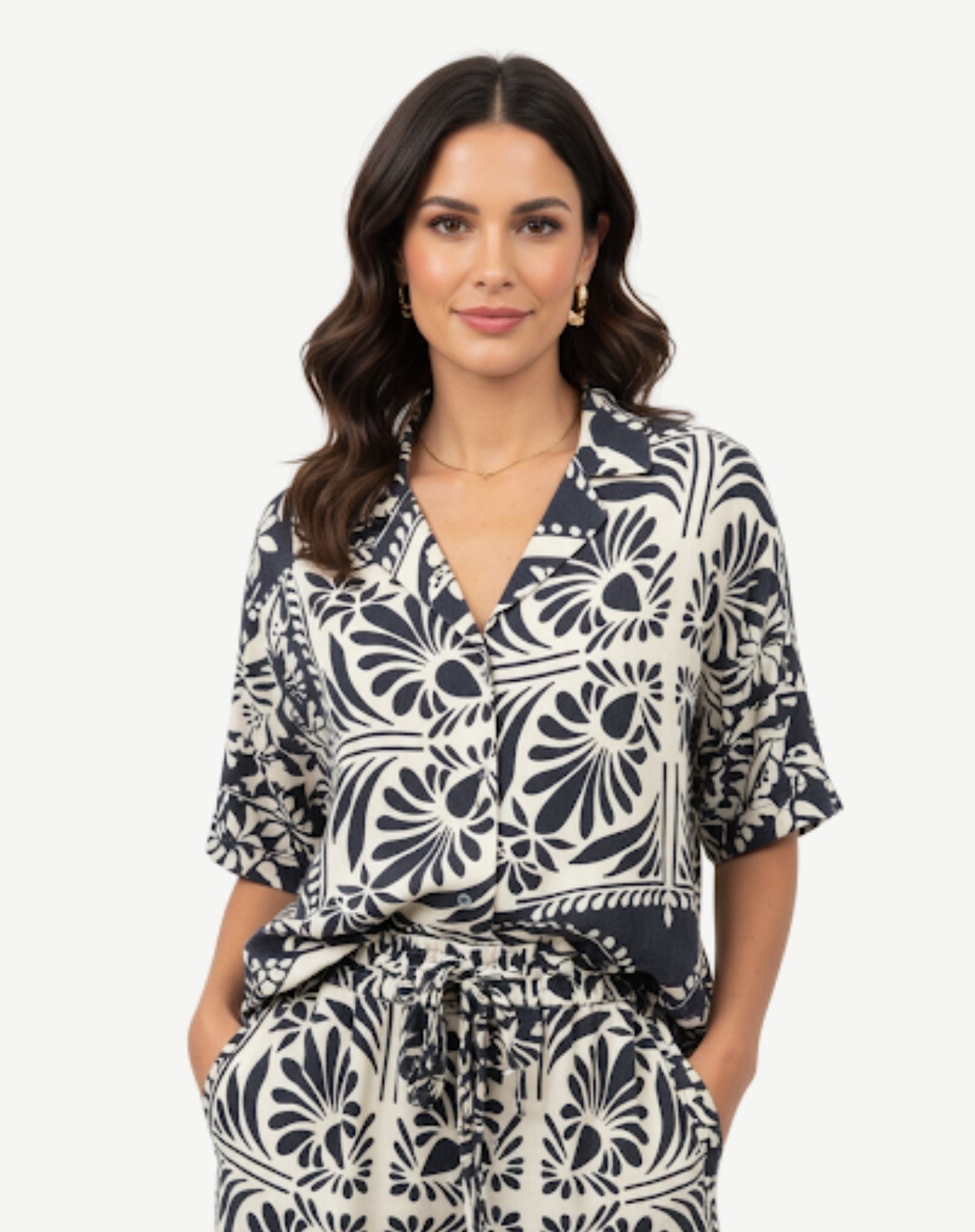 Navy Cream Soft Crepe Print Short Sleeve Button Shirt Corfu Jeans