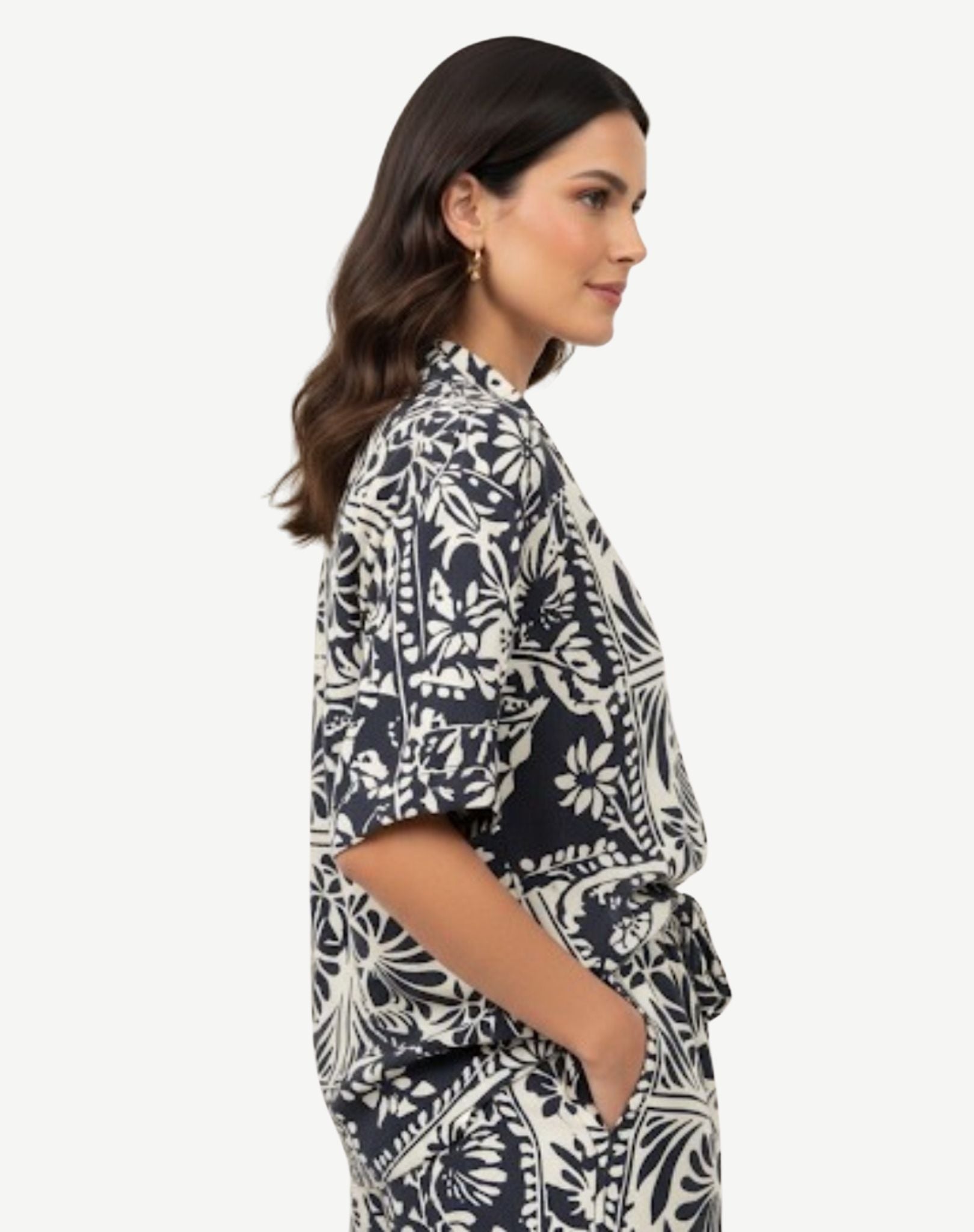 Navy Cream Soft Crepe Print Short Sleeve Button Shirt Corfu Jeans