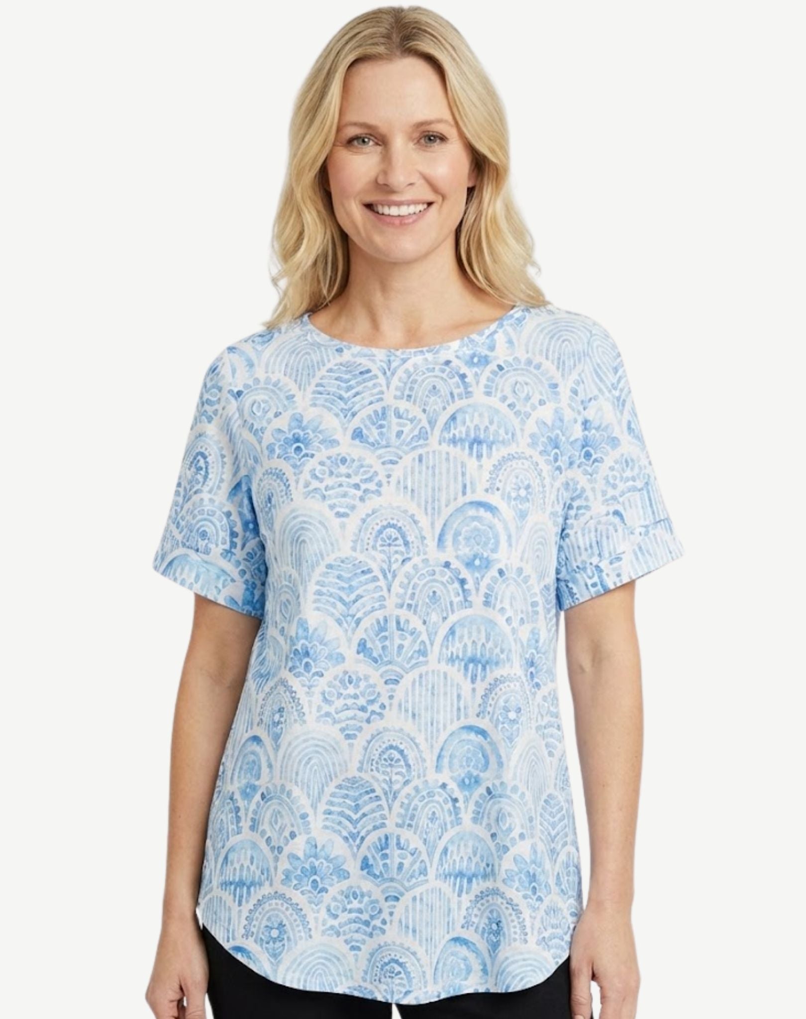 Blue Medina Burnout Jersey Print Top Corfu Jeans