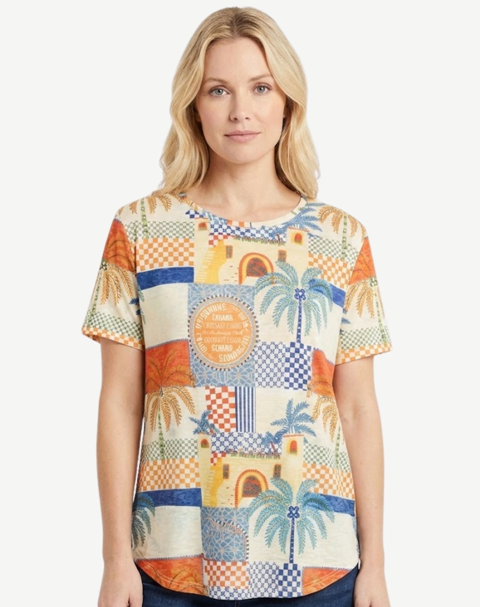 Portofino Palms Summer Burnout Print Top Corfu Jeans