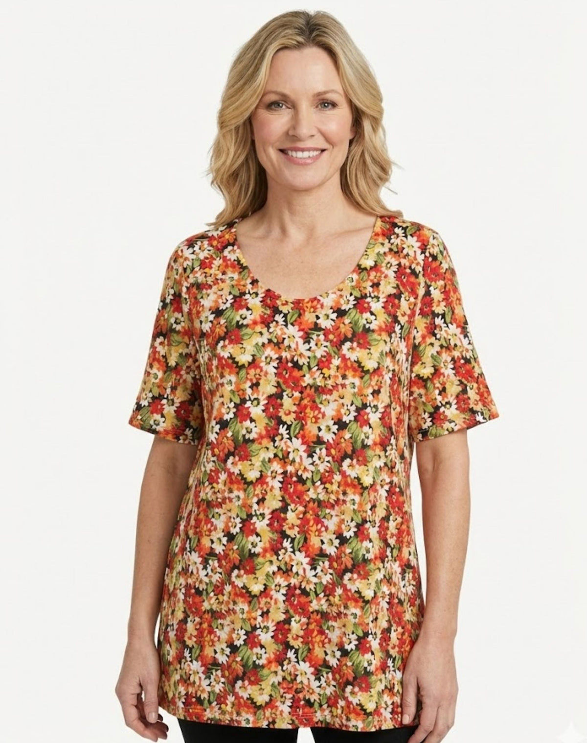 Rust Floral Print Knit Jersey Top Corfu Jeans