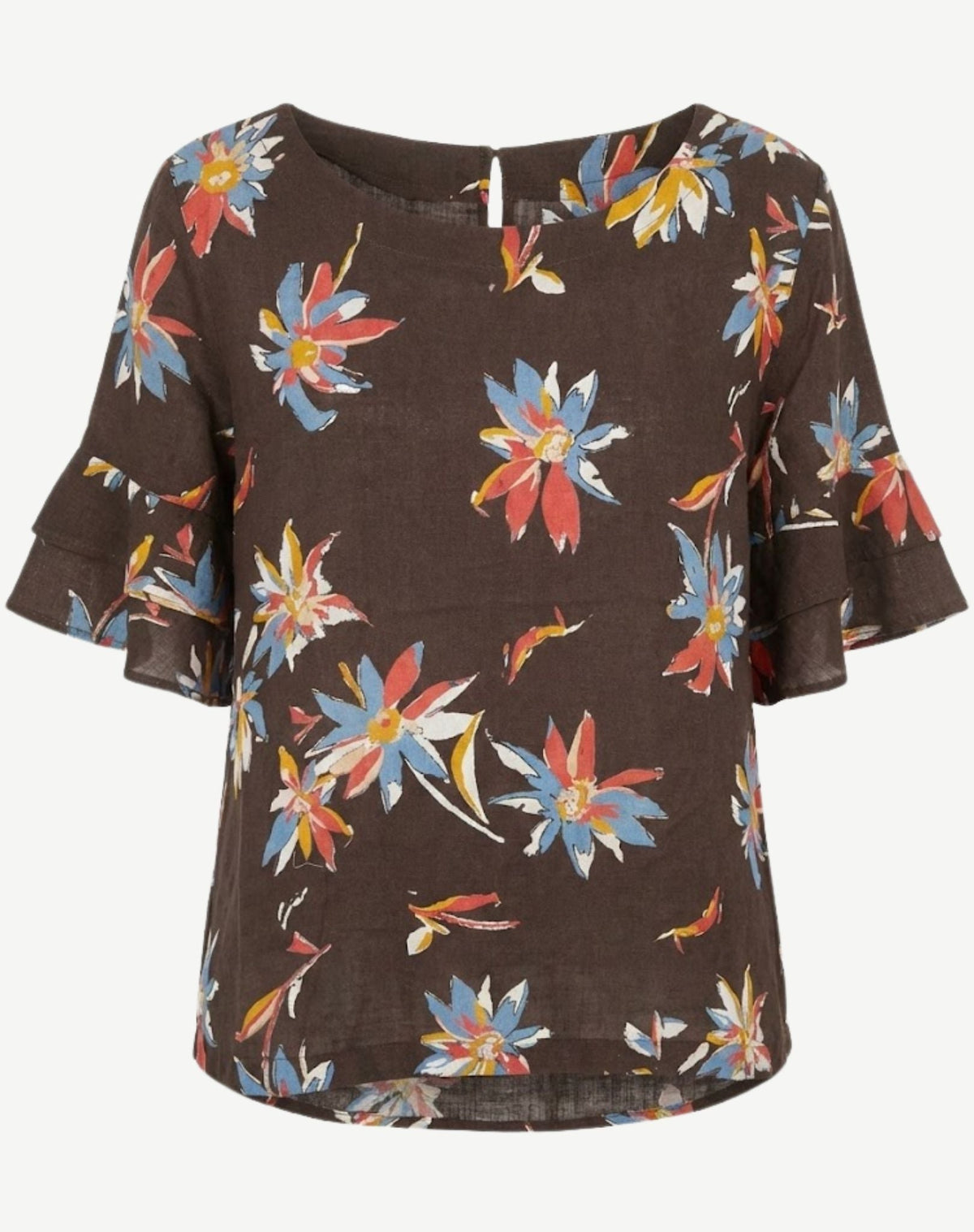Sun Petal Printed Linen Ruffle Sleeve Top Corfu Jeans