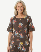 Sun Petal Printed Linen Ruffle Sleeve Top