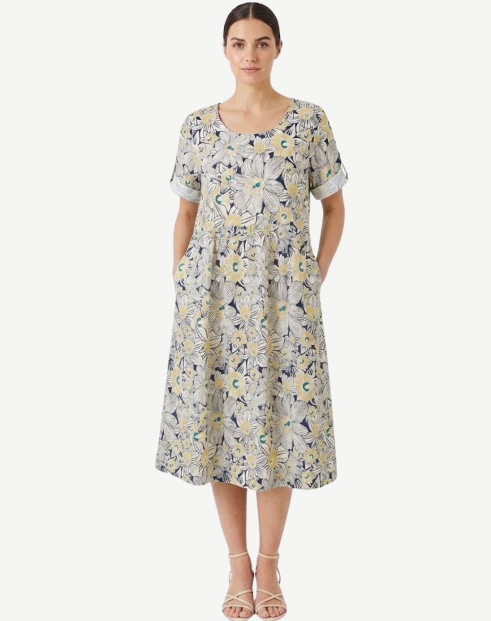 Sand Bloom Linen Blend Printed Midi Dress Corfu Jeans