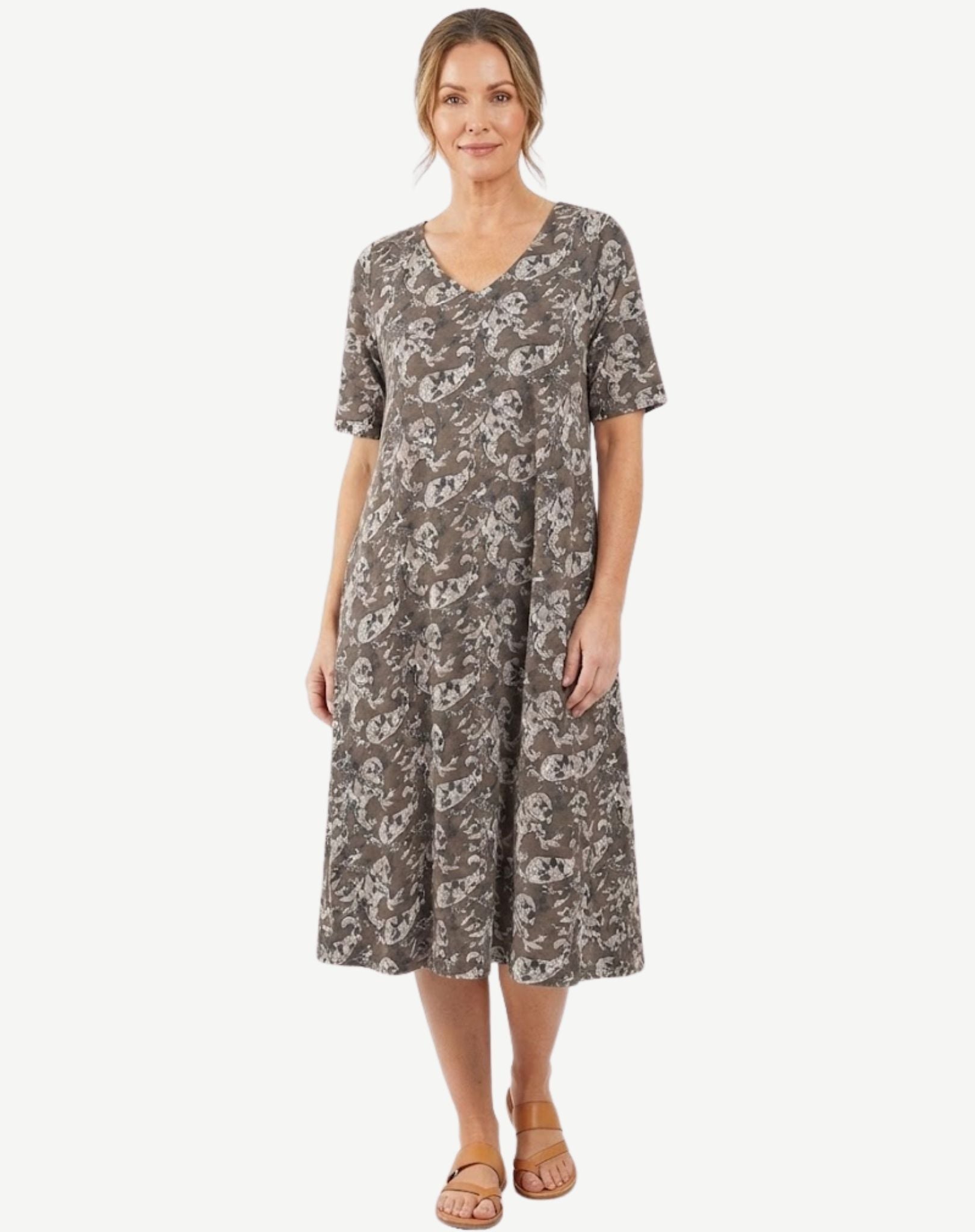 Olive Paisley Cotton Rich Burnout Jersey Midi Dress Corfu Jeans
