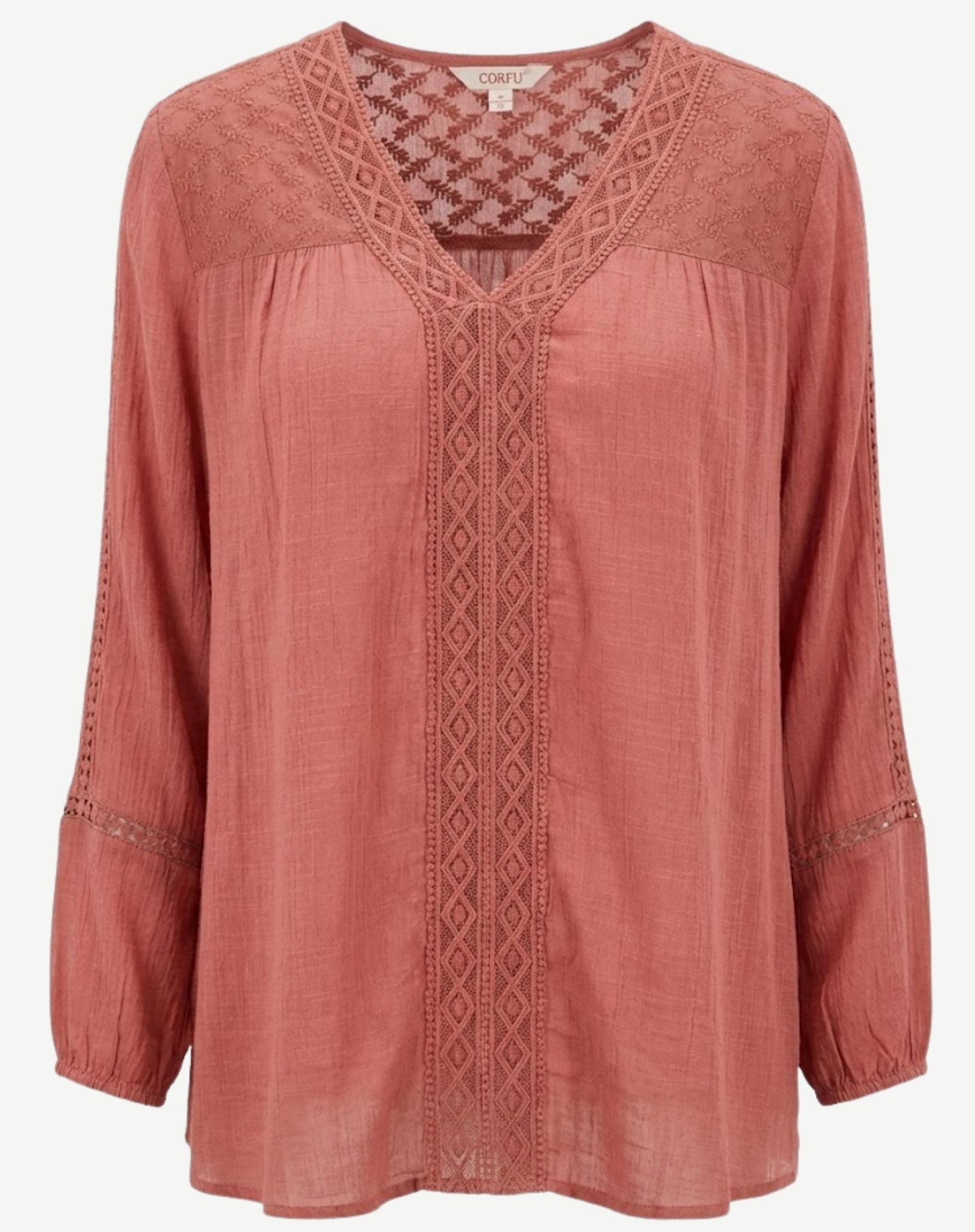 Berry Sands Crepe Georgette Lace Trim Long Sleeve Blouse Corfu Jeans