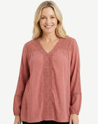 Berry Sands Crepe Georgette Lace Trim Long Sleeve Blouse