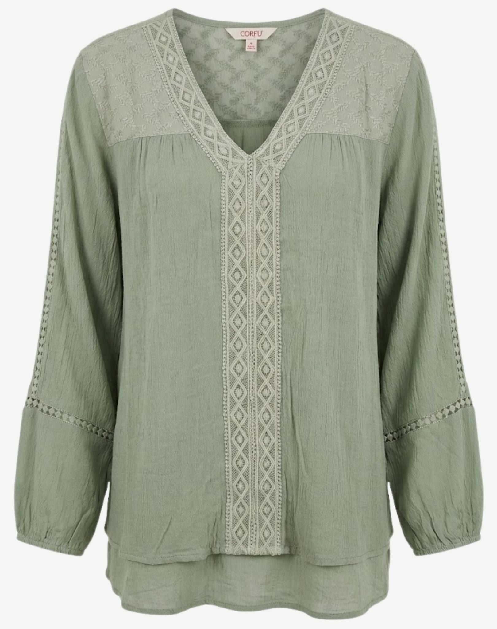 Salt Leaf Crepe Georgette Lace Trim Long Sleeve Blouse Corfu Jeans