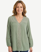 Salt Leaf Crepe Georgette Lace Trim Long Sleeve Blouse