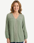 Salt Leaf Crepe Georgette Lace Trim Long Sleeve Blouse Corfu Jeans
