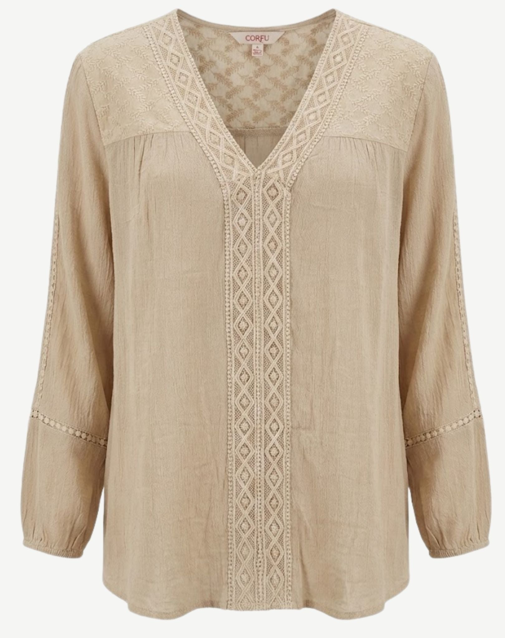 Sand Crepe Georgette Lace Trim Long Sleeve Blouse Corfu Jeans