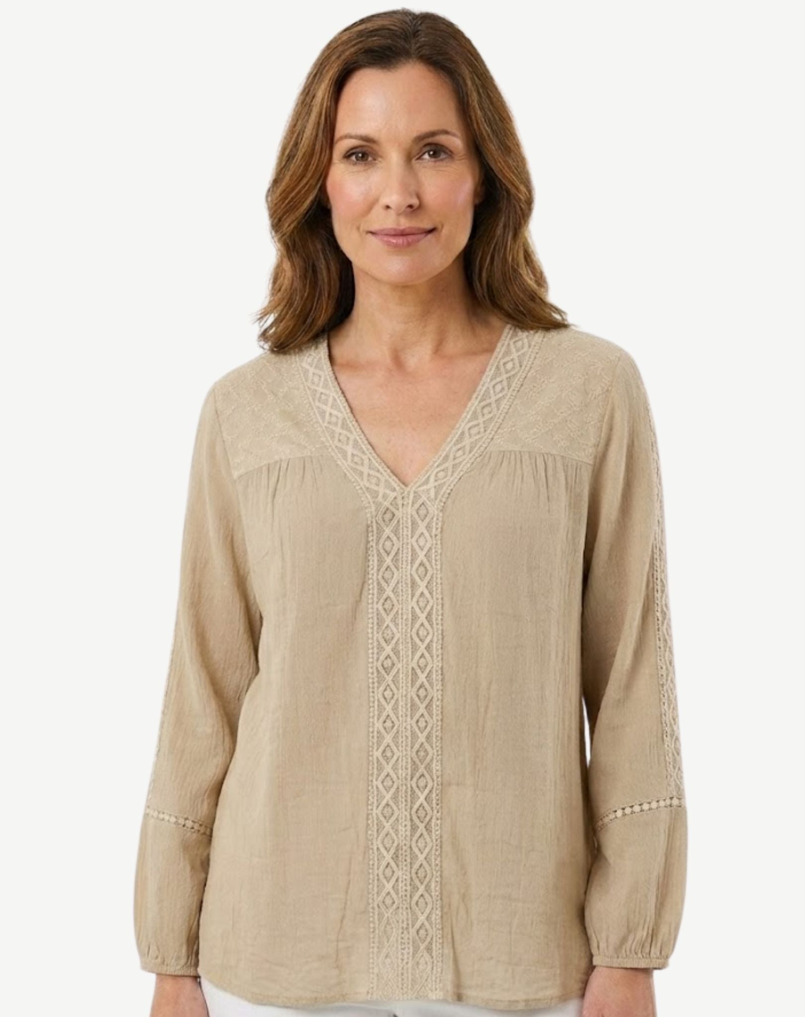 Sand Crepe Georgette Lace Trim Long Sleeve Blouse Corfu Jeans