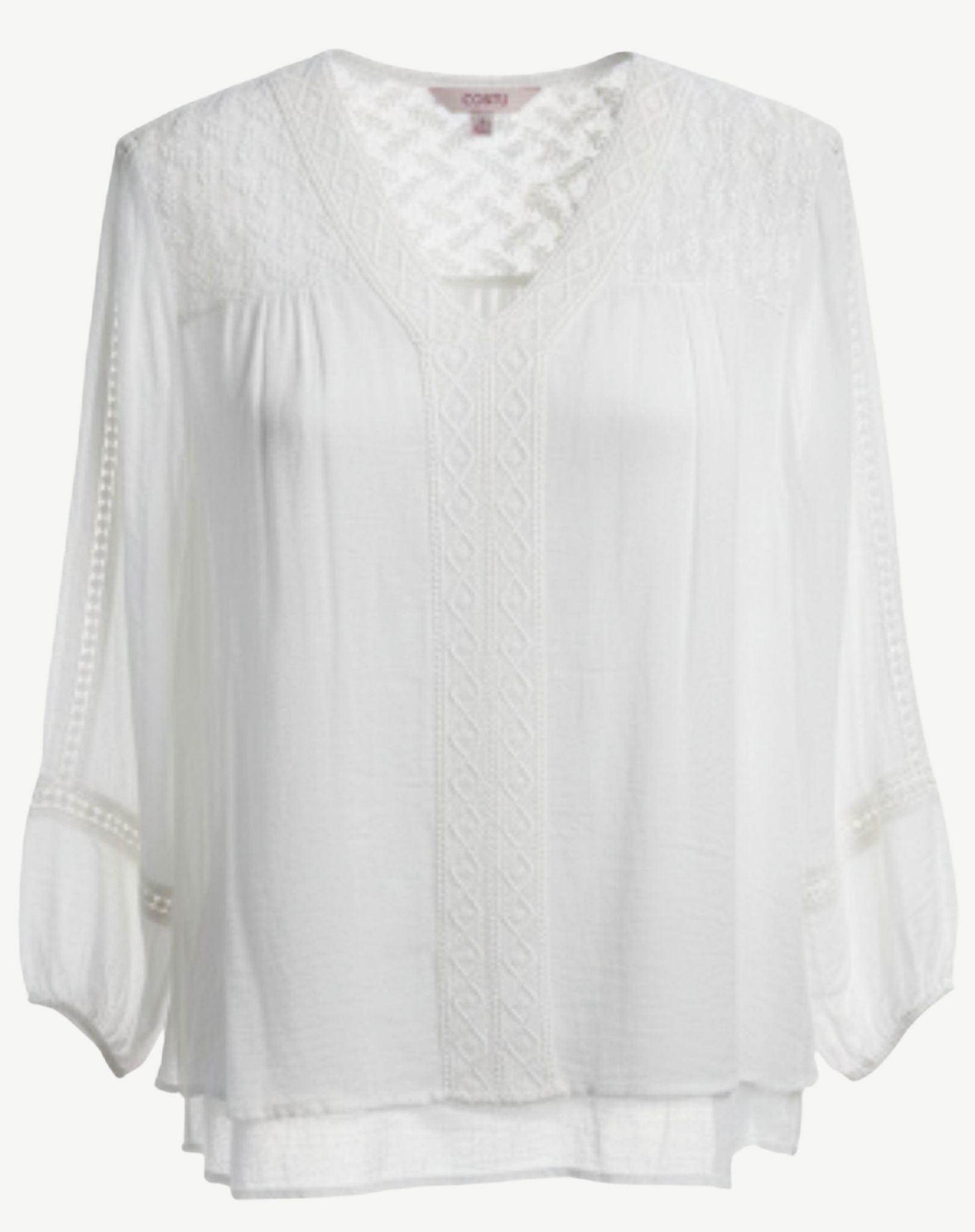 White Crepe Georgette Lace Trim Long Sleeve Blouse Corfu Jeans