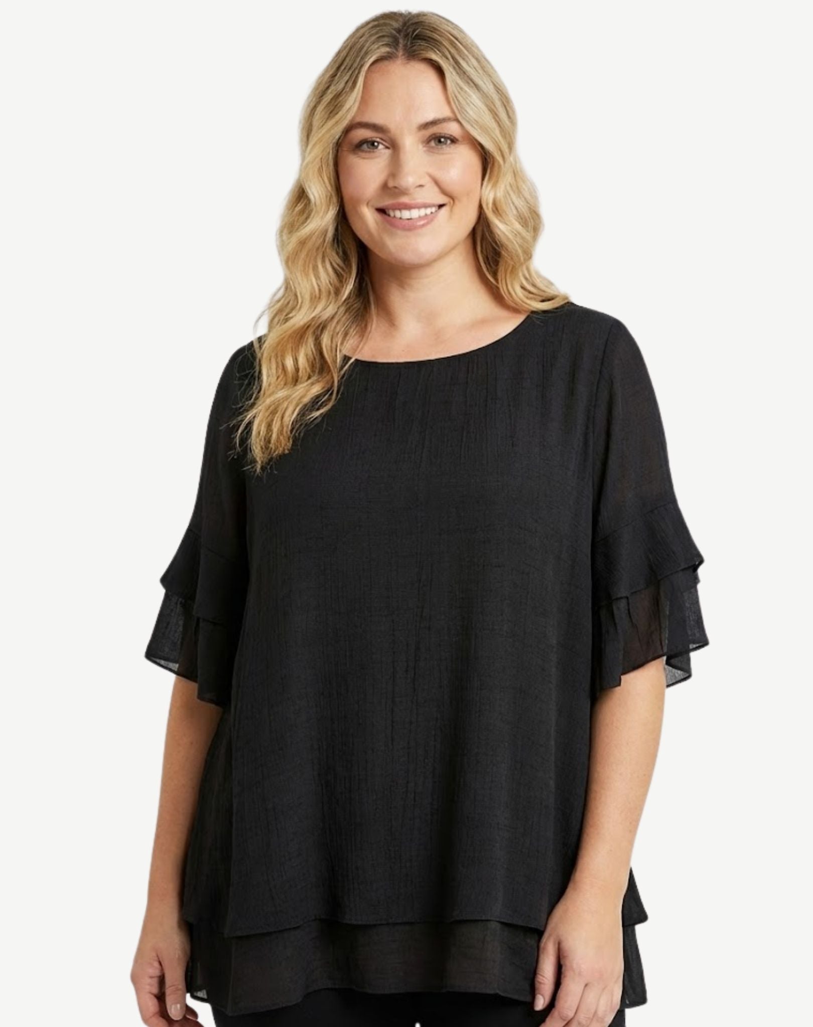 Black Layered Ruffle Sleeve Blouse Corfu Jeans