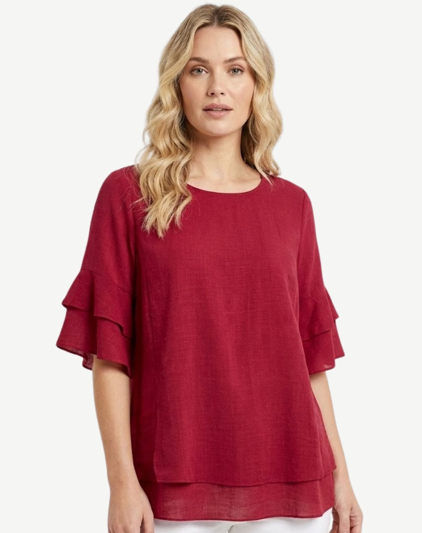 Cranberry Layered Ruffle Sleeve Blouse Corfu Jeans