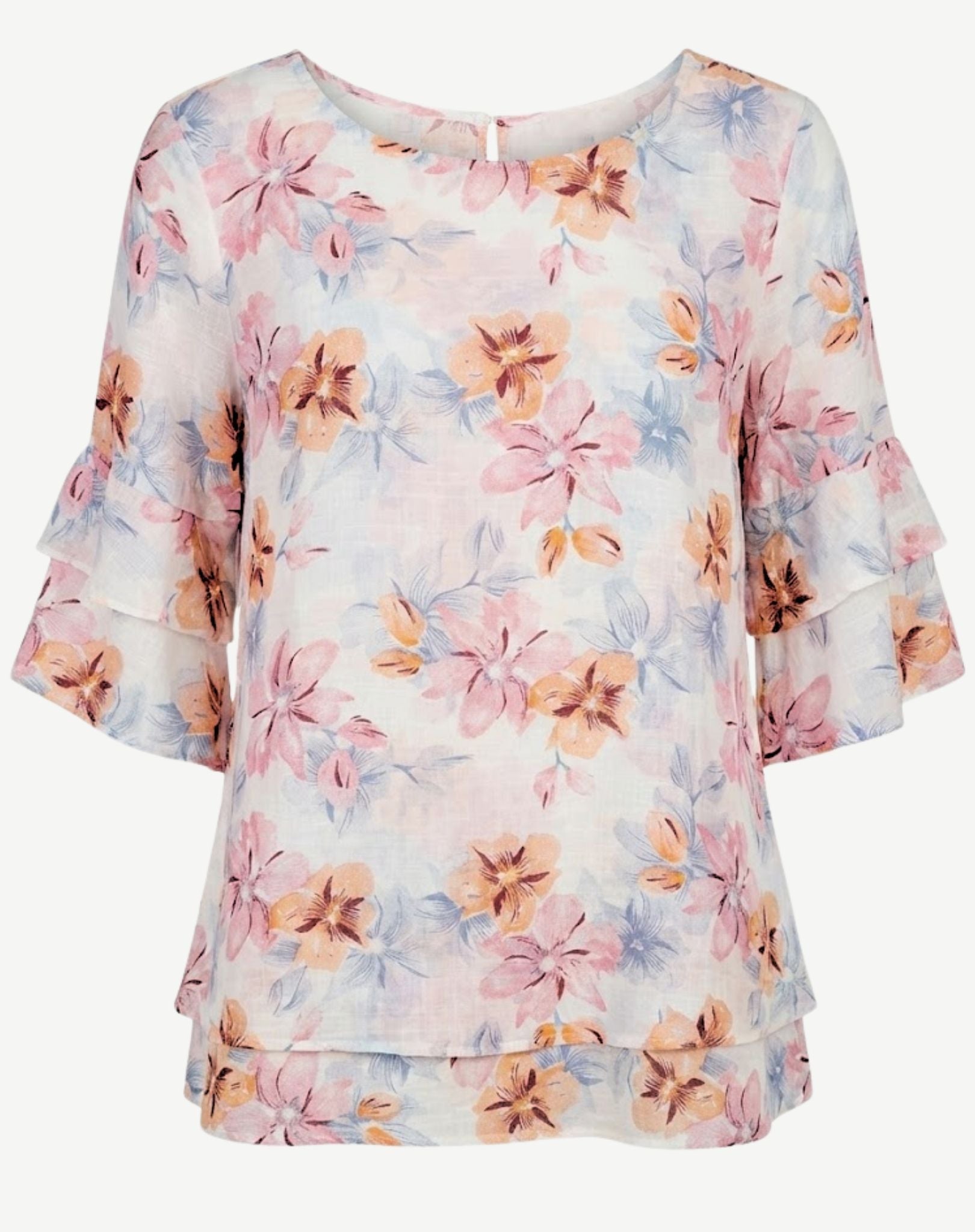 Blush Floral Layered Ruffle Sleeve Blouse Corfu Jeans