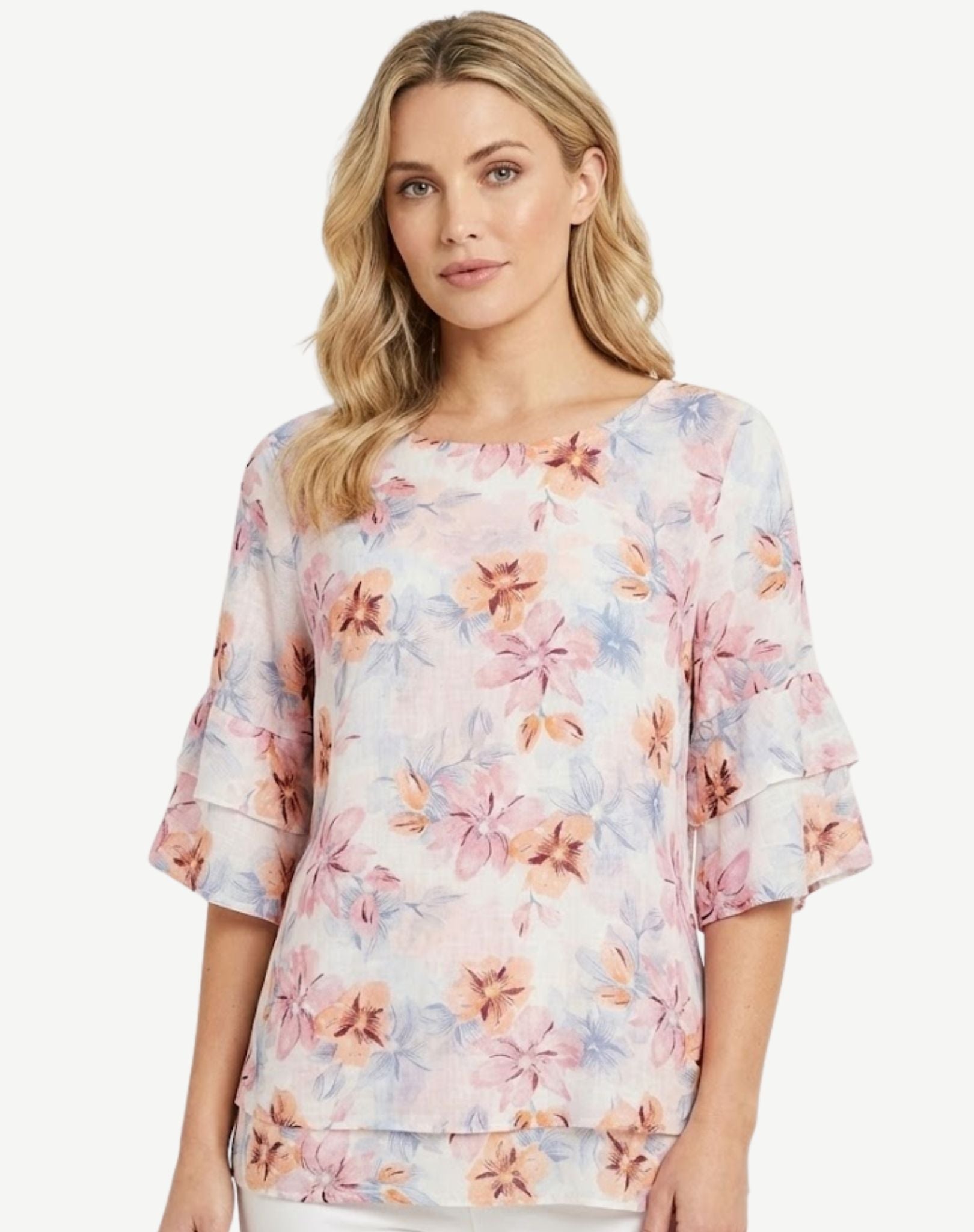 Blush Floral Layered Ruffle Sleeve Blouse Corfu Jeans