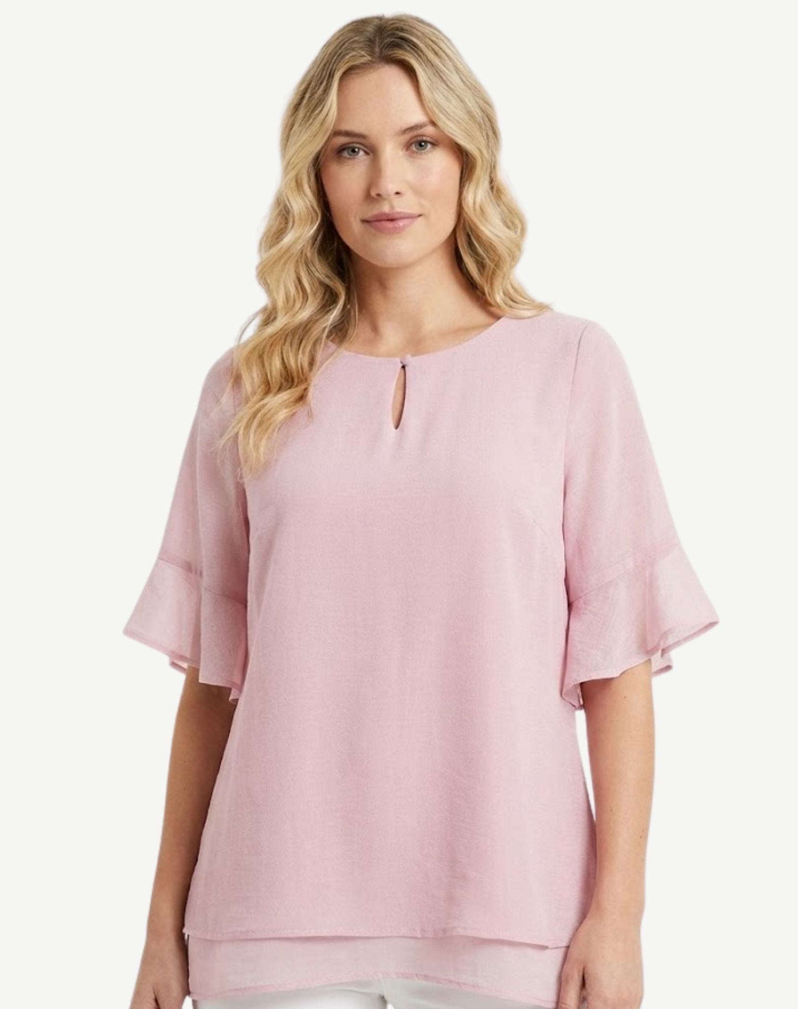 Rosewater Crepe Georgette Flutter Sleeve Blouse Corfu Jeans
