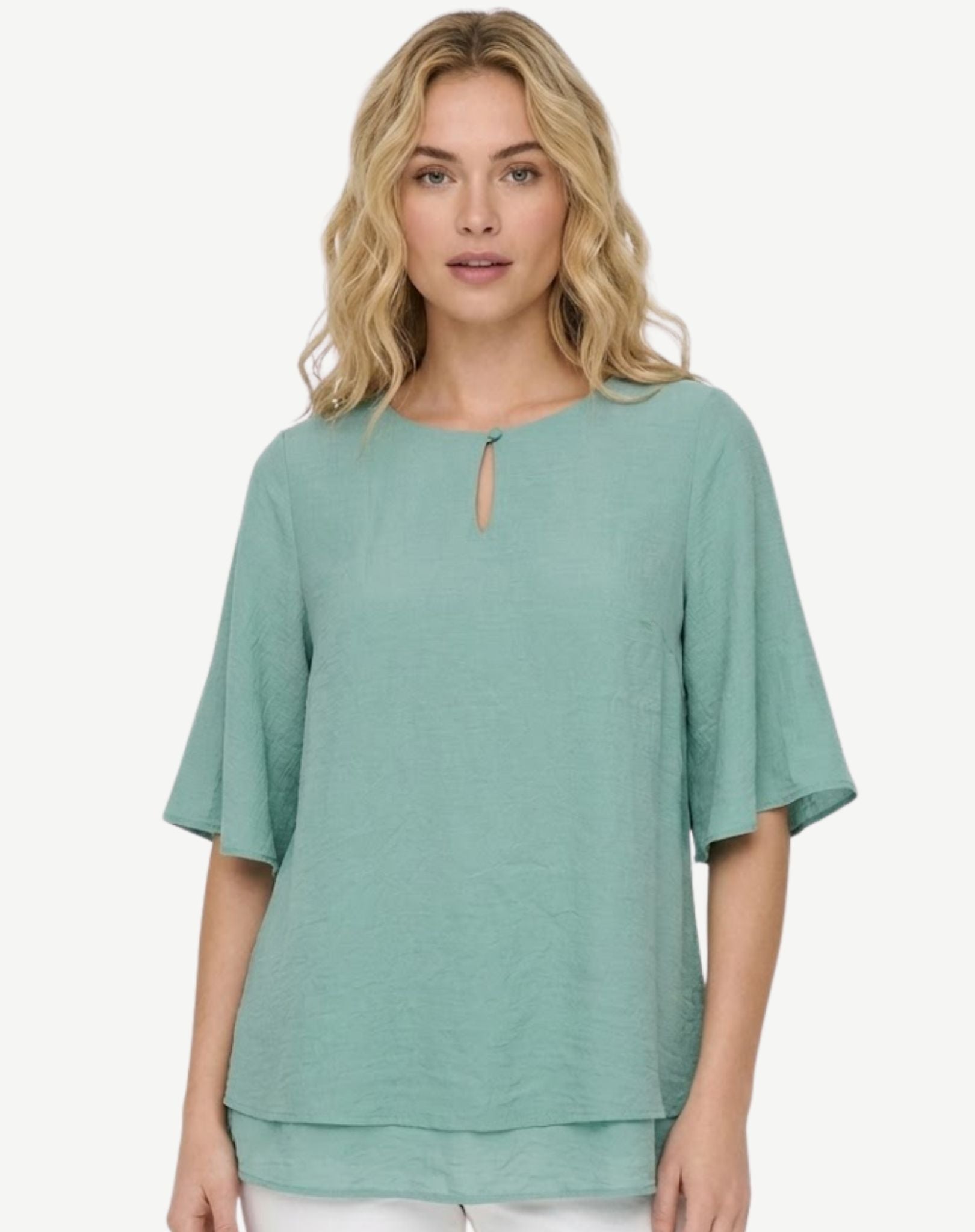 Seafoam Crepe Georgette Flutter Sleeve Blouse Corfu Jeans