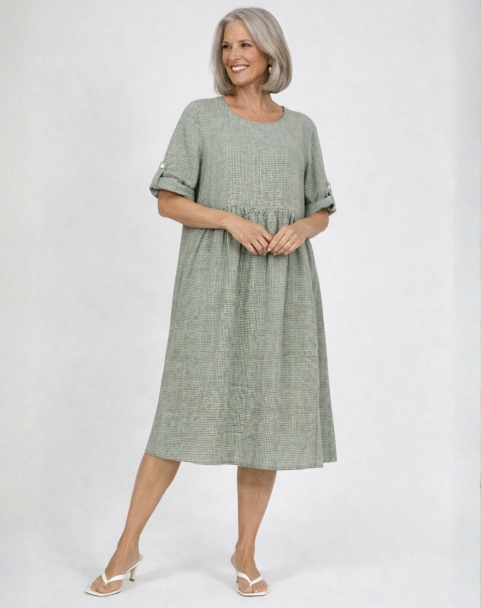 Spring Moss Linen Short Sleeve Dress Corfu Jeans