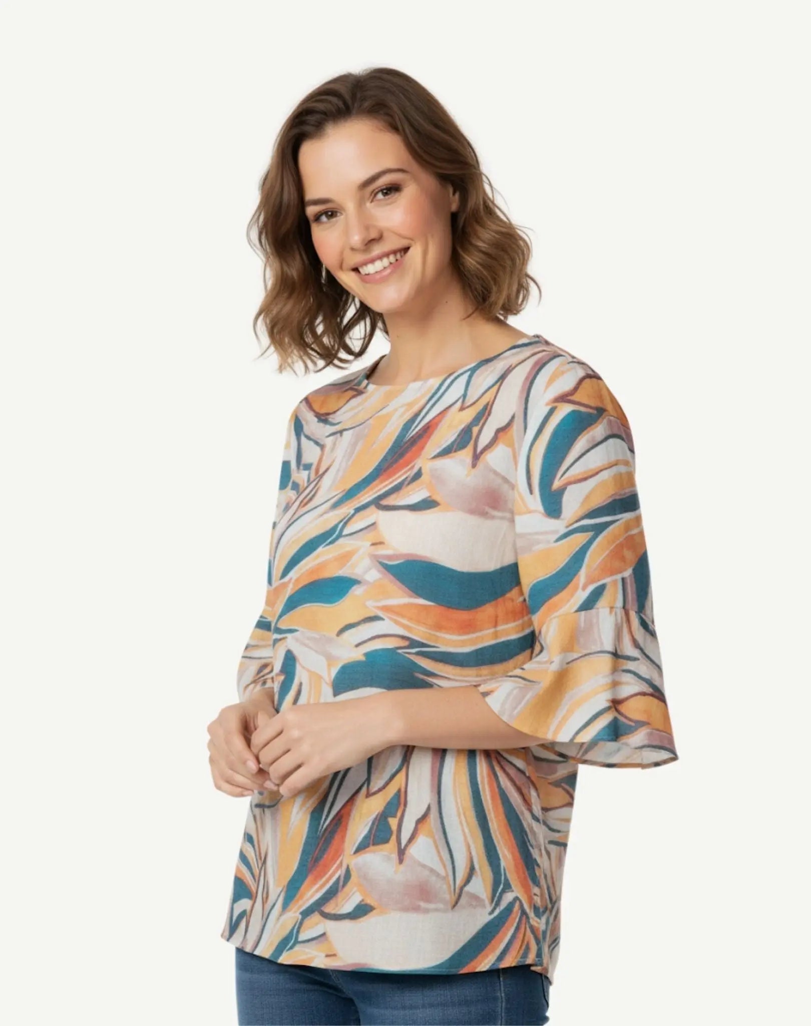 Teal Papaya Soft Print Blouse Corfu Jeans