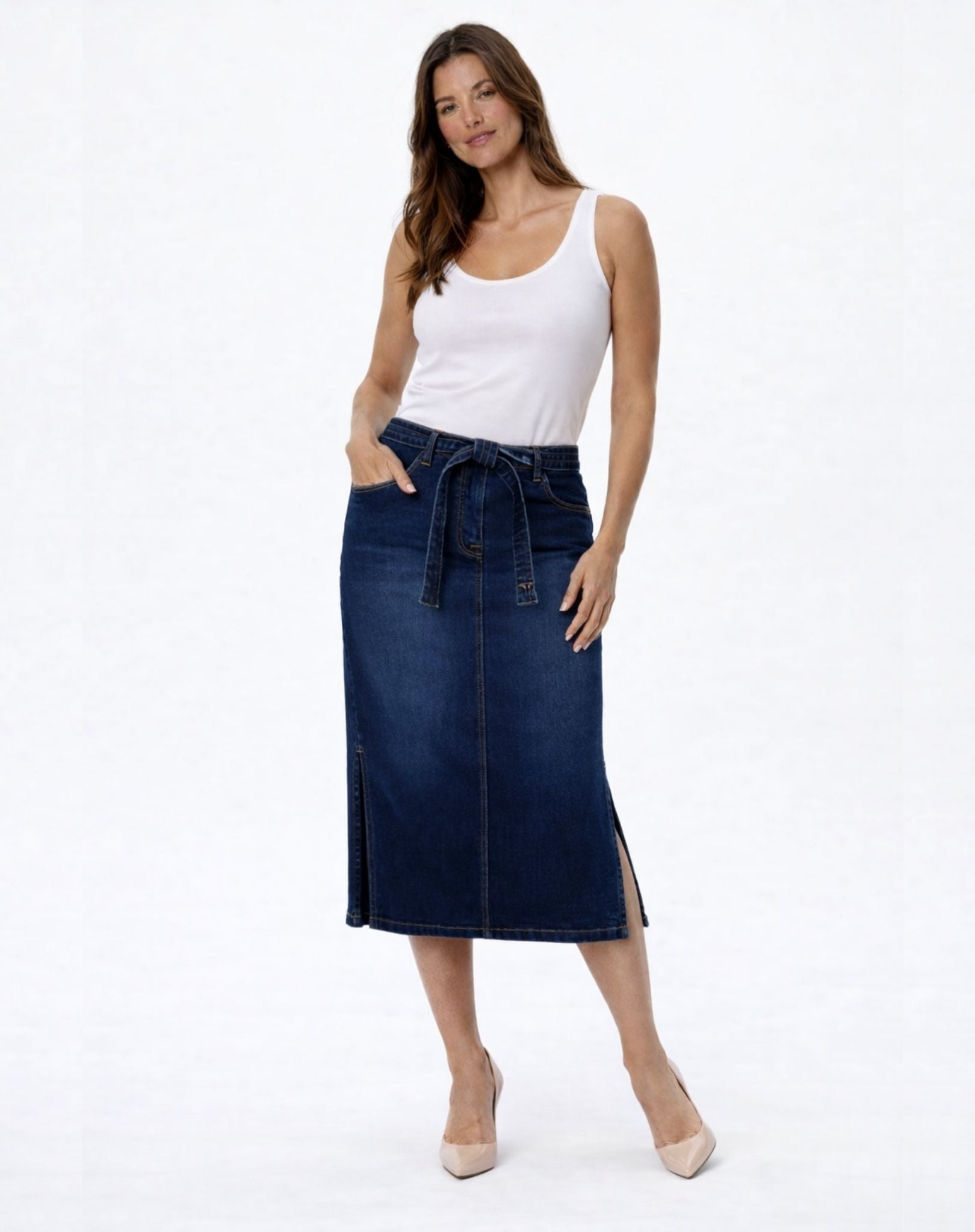 Ami French Blue Midi Denim Skirt with Pockets Corfu Jeans