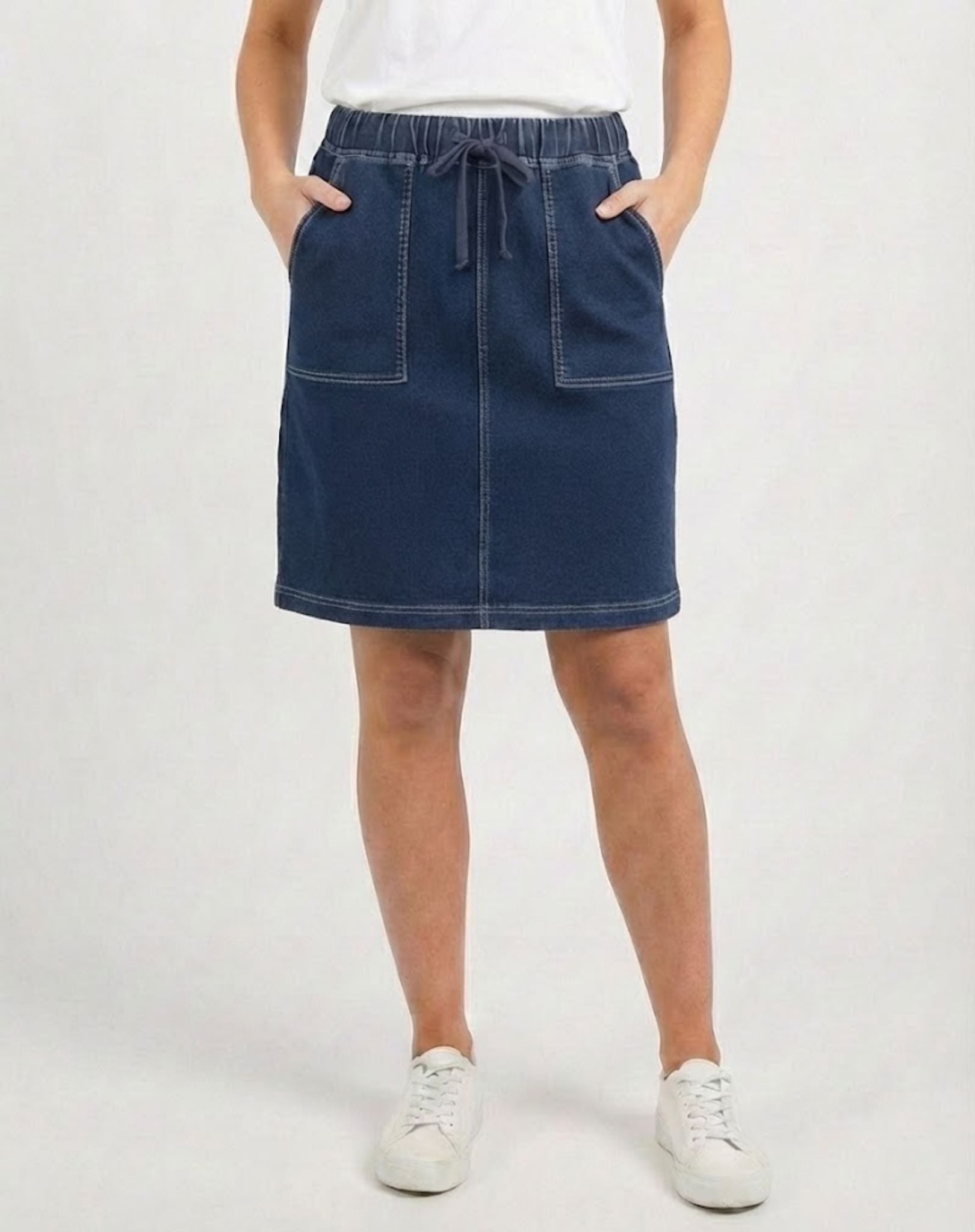 W04B5201 Indigo Night Stretch Knee Length Denim Skirt with Pockets Corfu Jeans