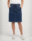 W04B5201 Indigo Night Stretch Knee Length Denim Skirt with Pockets Corfu Jeans