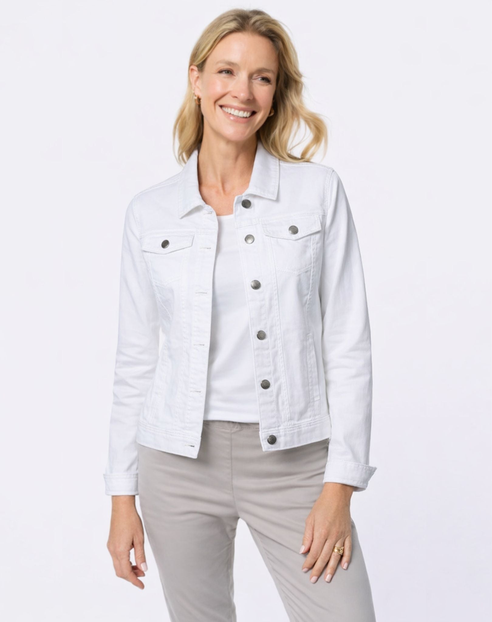 W04B7639 White Stretch Denim Jacket Corfu Easy Living