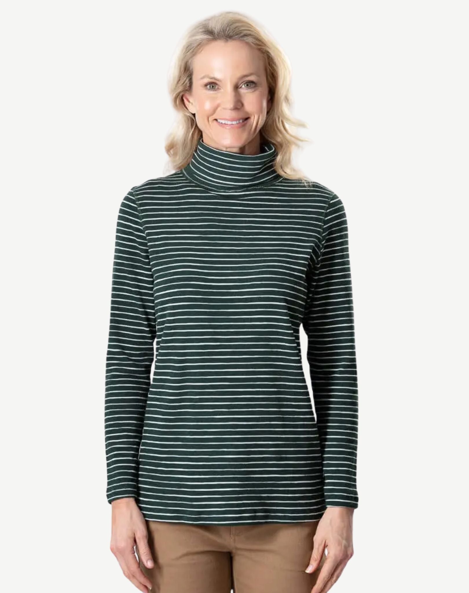 Forest Green Cotton Yarn Dyed Striped Long Sleeve Turtleneck Corfu Jeans