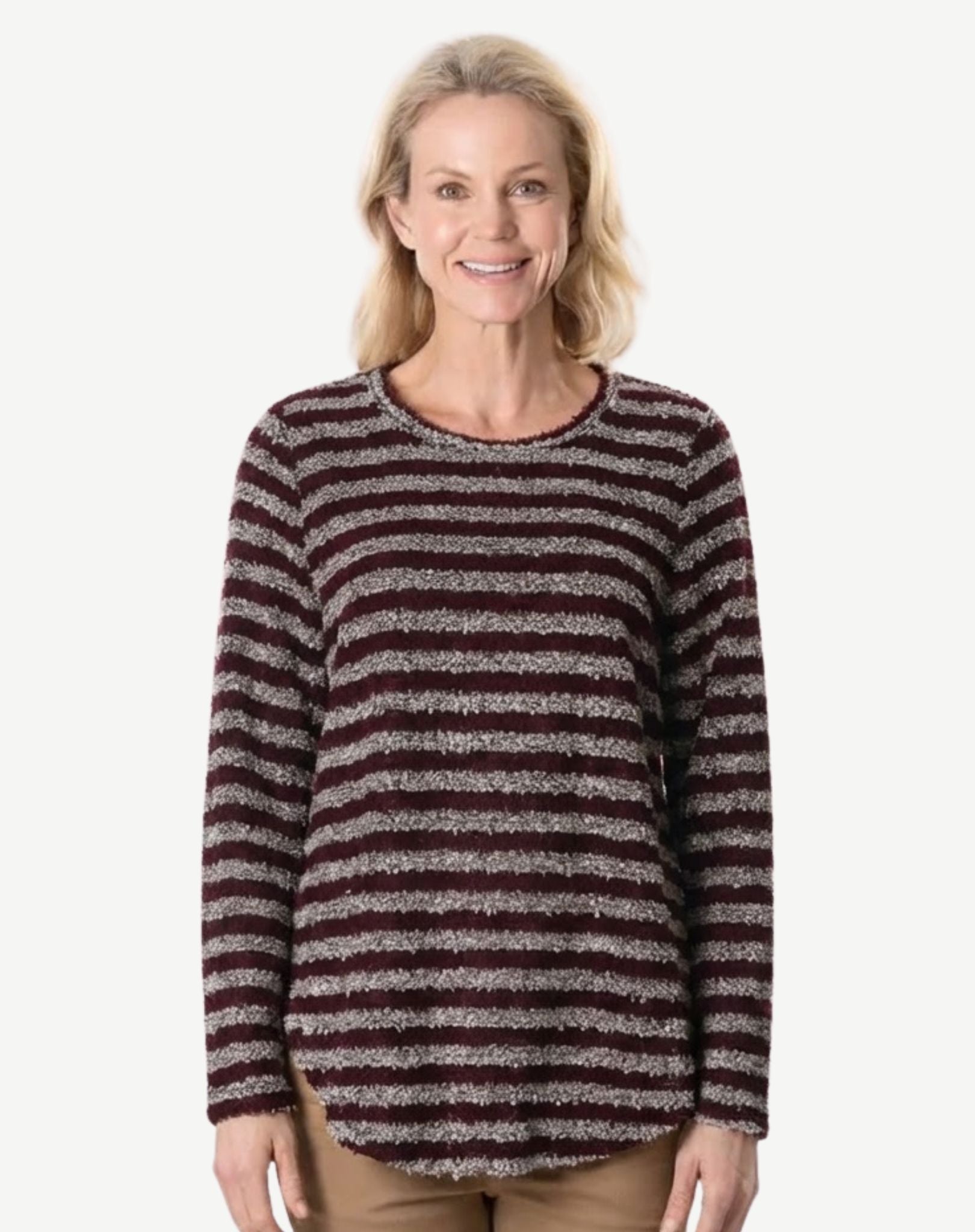 Burgundy Stripe Poodle Knit Long Sleeve Top Corfu Jeans