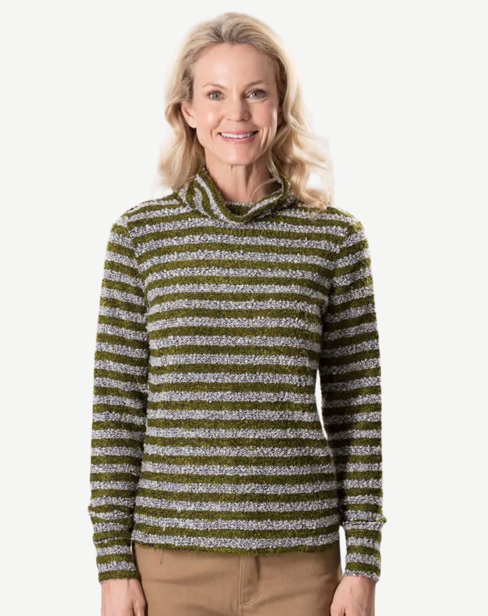 Loden Stripe Poodle Knit Long Sleeve Turtleneck Top Corfu Jeans