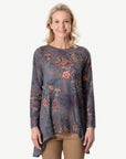 Charcoal Flower Printed Stretch Long Sleeve Knit Top Corfu Jeans