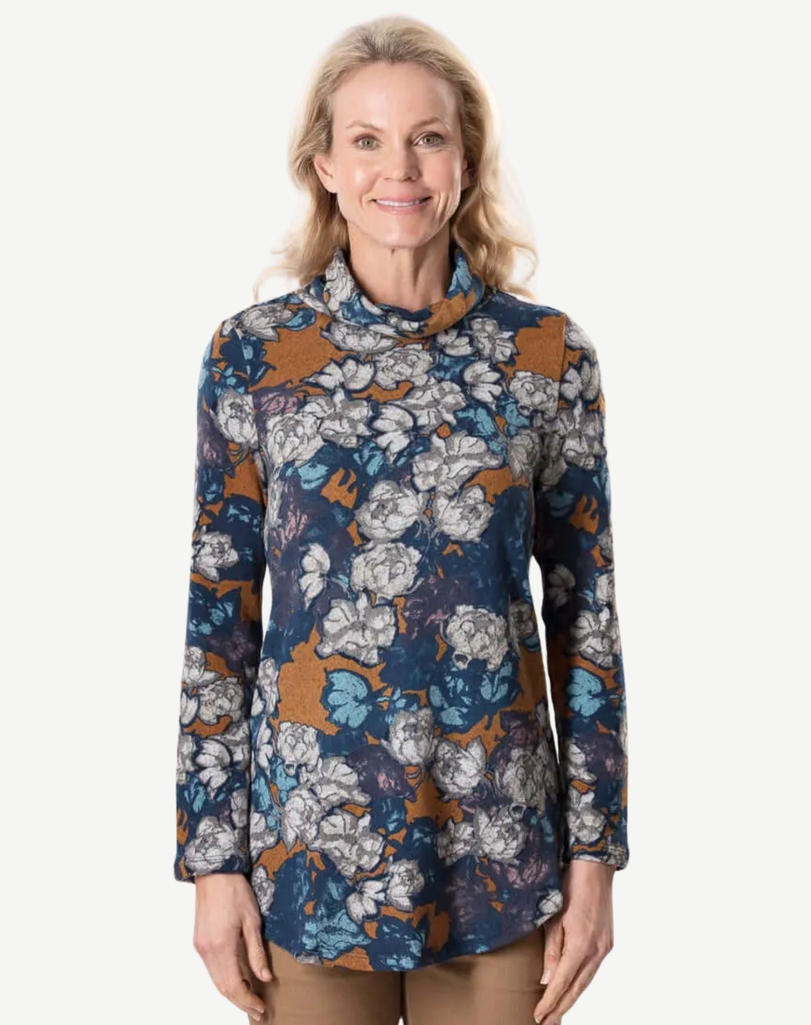 Indigo Soft Brushed Stretch Turtleneck Long Sleeve Top Corfu Jeans