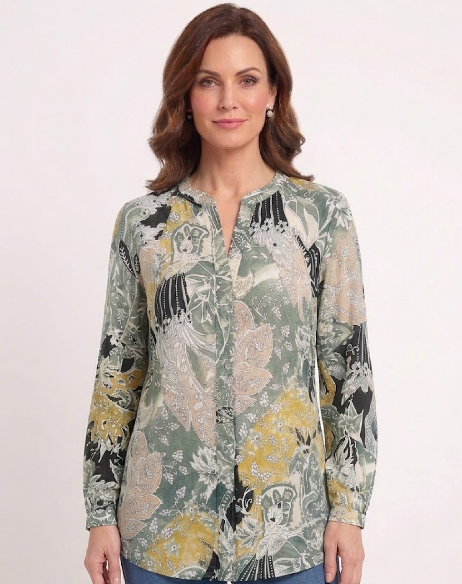 Delightful Soft Print Long Sleeve Blouse Corfu Jeans