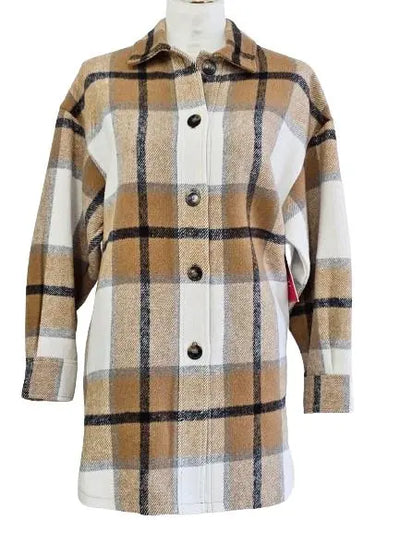 W2467664 CAMEL CREAM BRUSHED CHECK LONG SHIRT JACKET Corfu Jeans