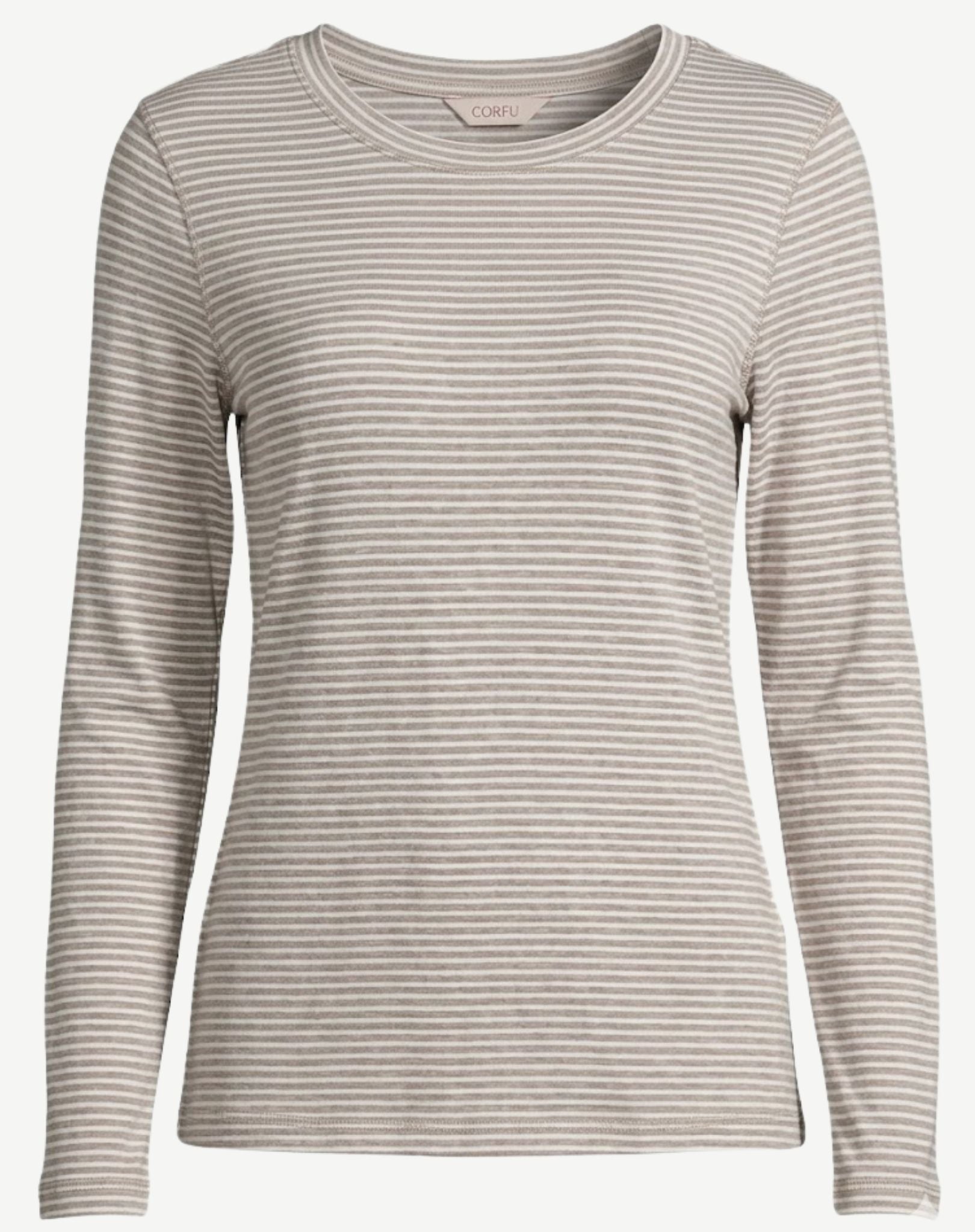 Striped Cotton Long Sleeve Tee - Oatmeal & White Corfu Jeans