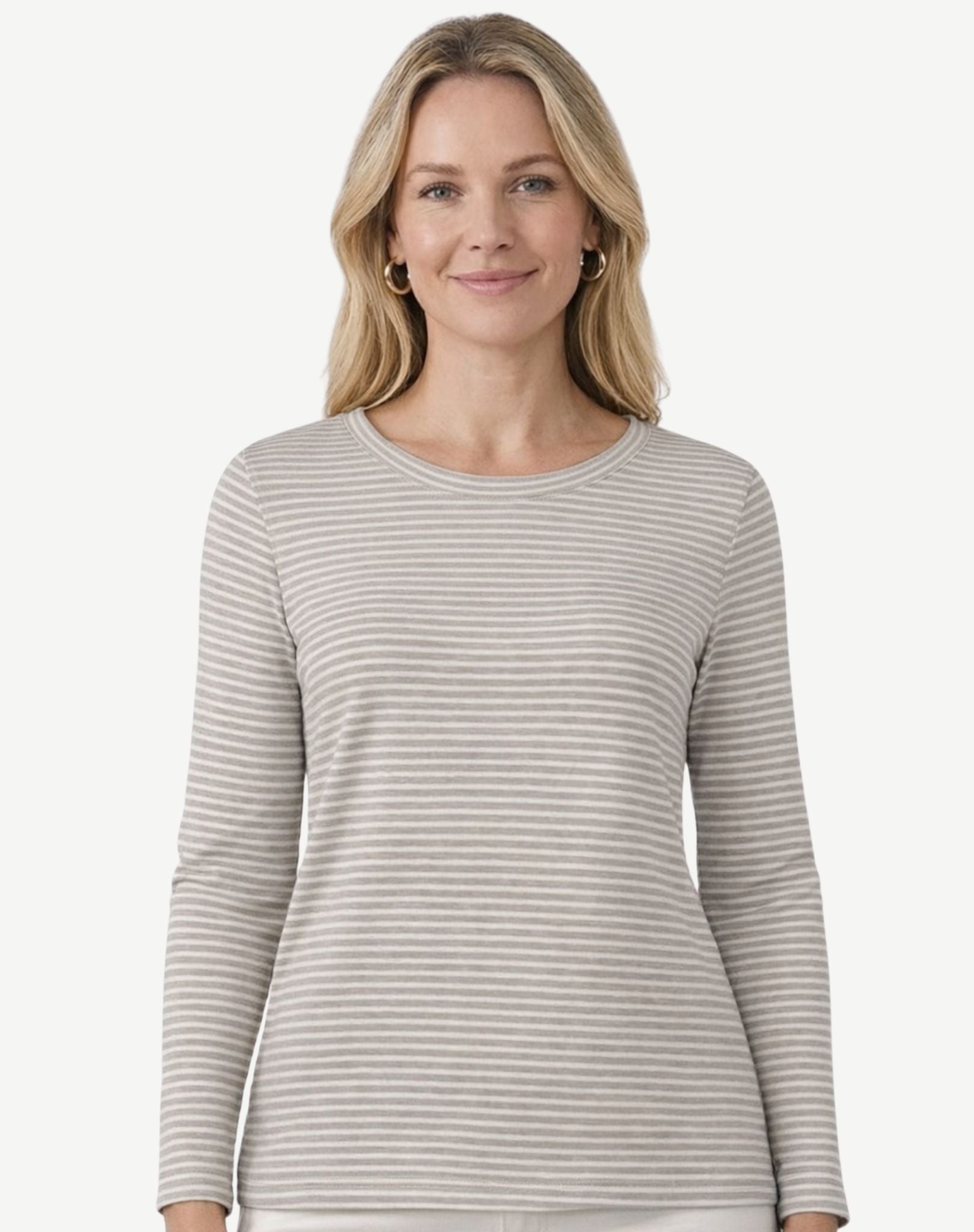 Striped Cotton Long Sleeve Tee - Oatmeal & White Corfu Jeans