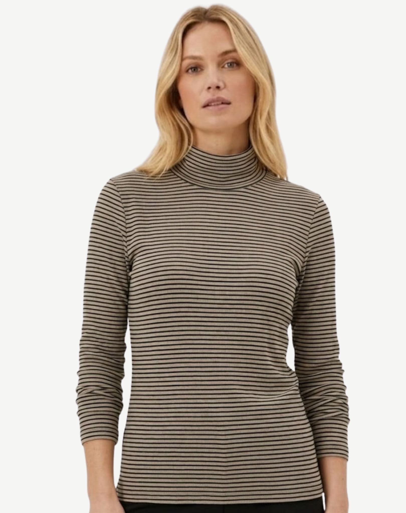 Striped Long Sleeve Turtleneck - Oatmeal & Navy Corfu Jeans