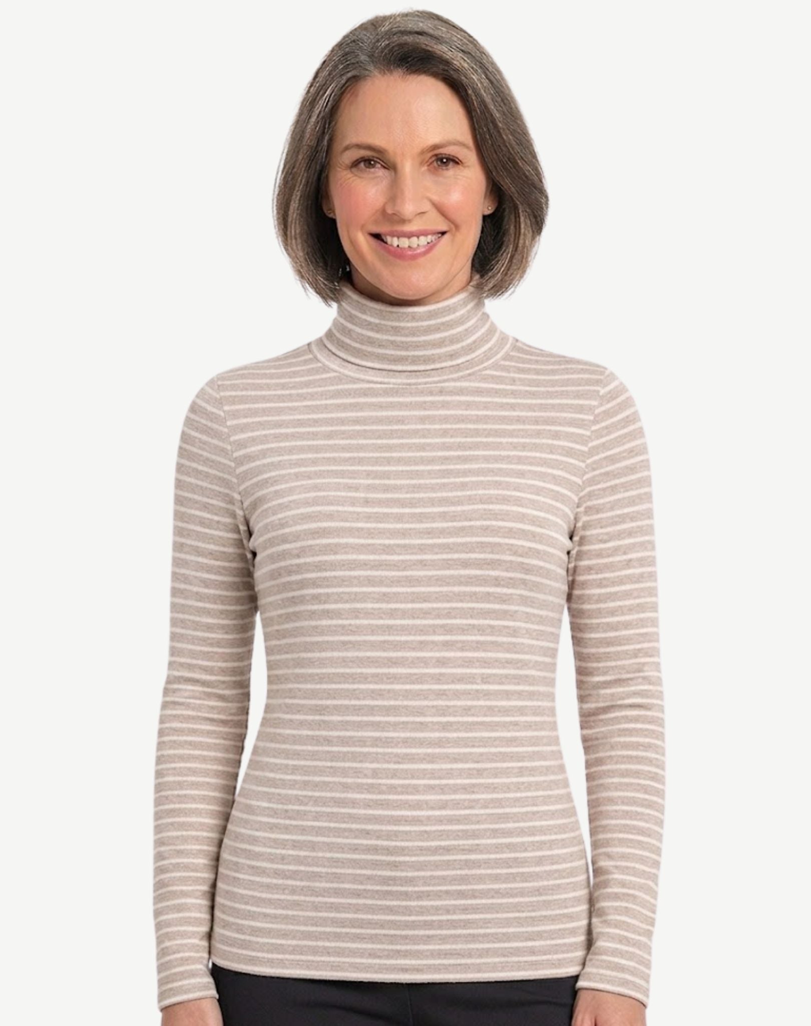 Striped Long Sleeve Turtleneck - Oatmeal & White Corfu Jeans