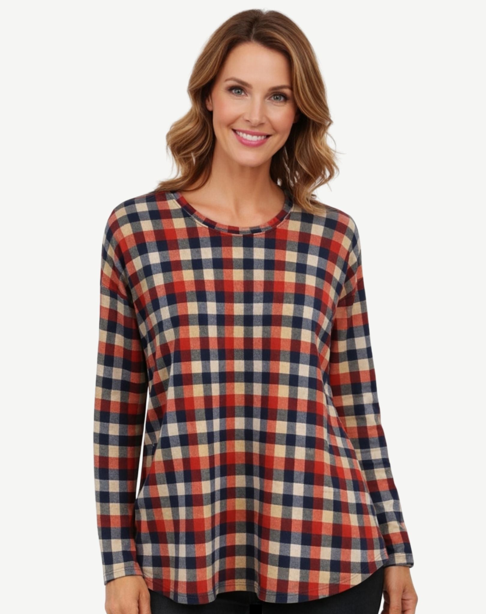Denim Check Printed Long Sleeve Knit Top Corfu Jeans