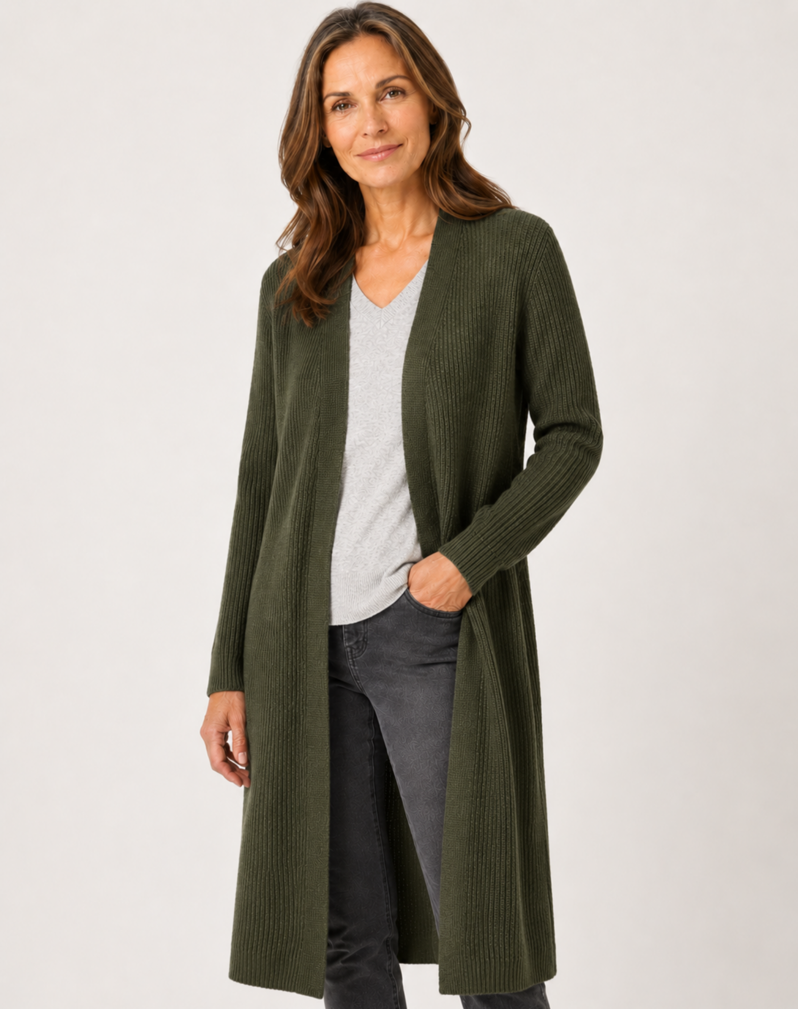 Olive Marle Soft Knit Longline Cardigan Corfu Jeans