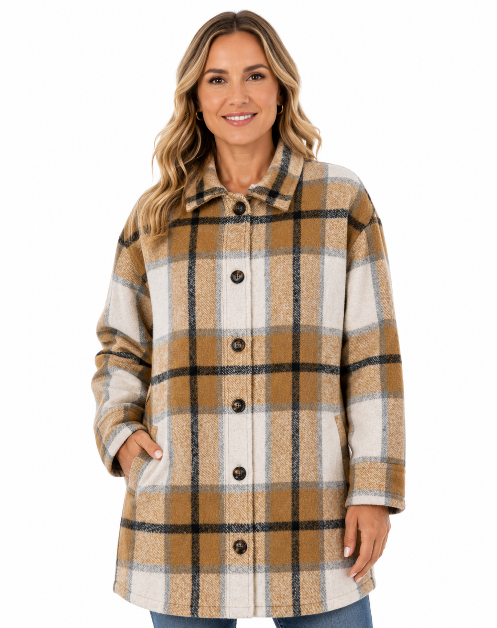 Caramel Cream Long Length Check Shirt Jacket Corfu Jeans