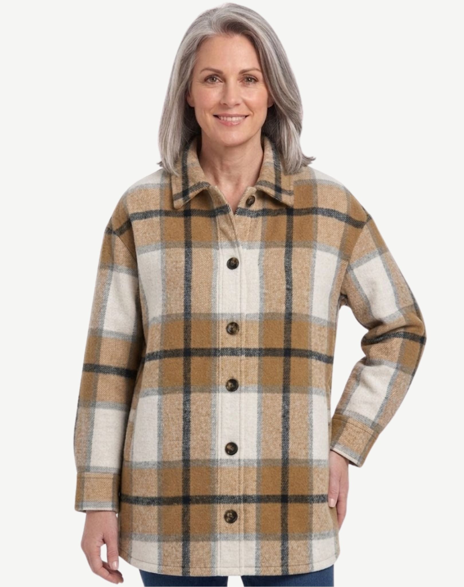 Caramel Cream Long Length Check Shirt Jacket Corfu Jeans