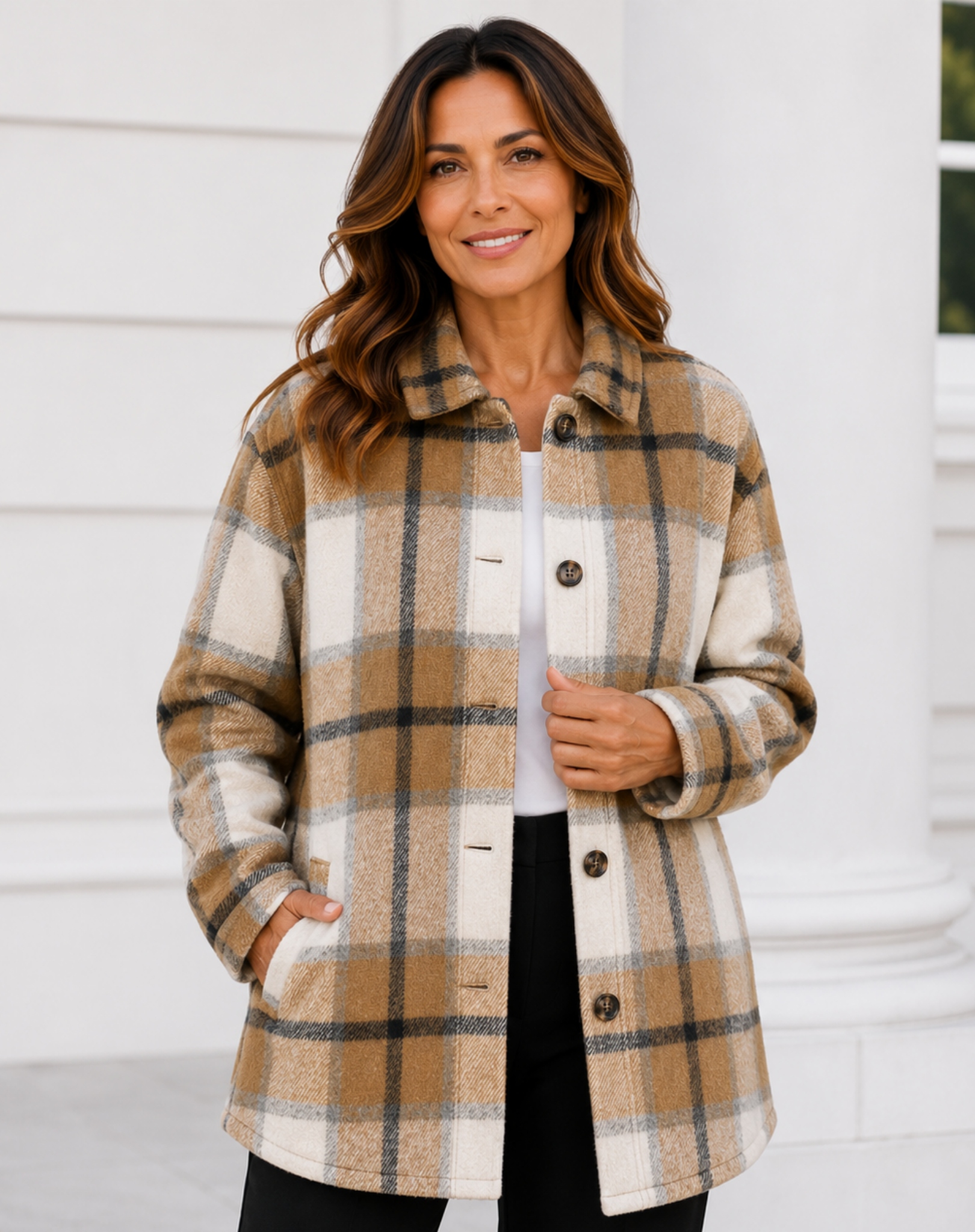 Caramel Cream Long Length Check Shirt Jacket Corfu Jeans
